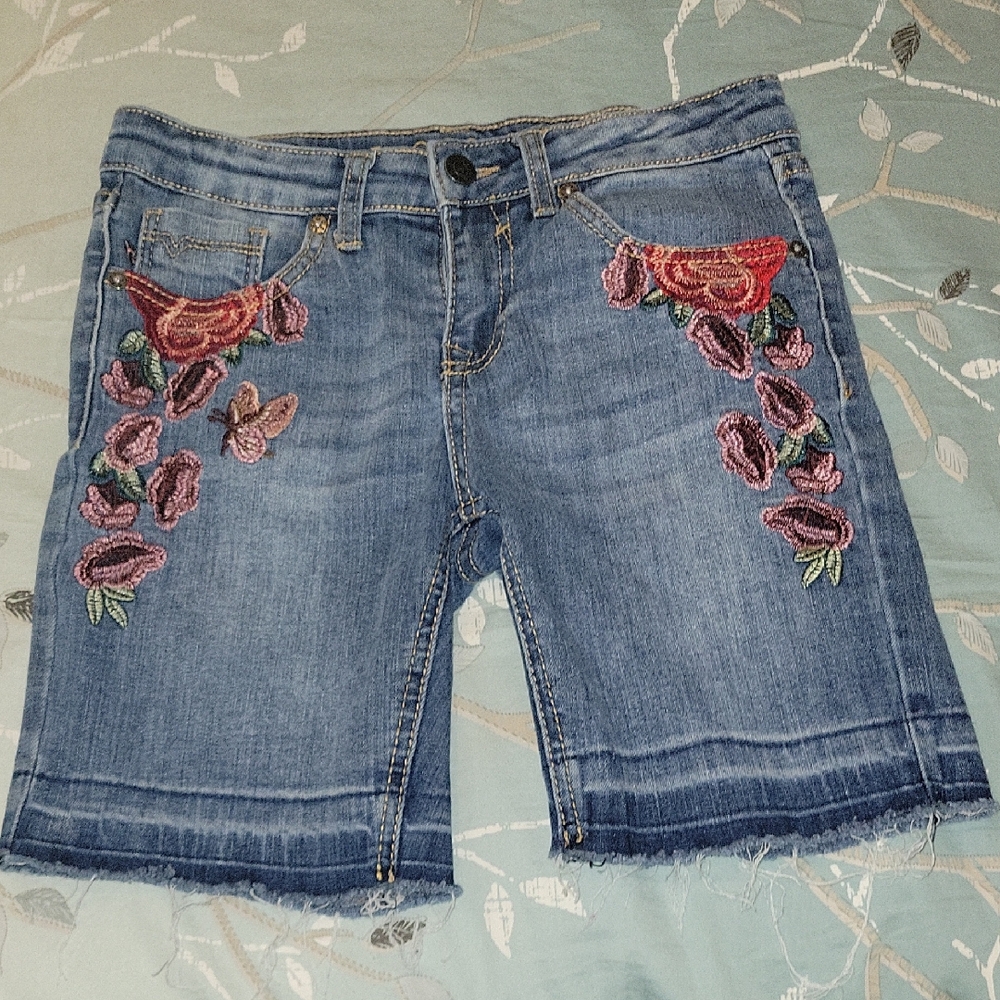 Embroidered Denim Bermuda Shorts